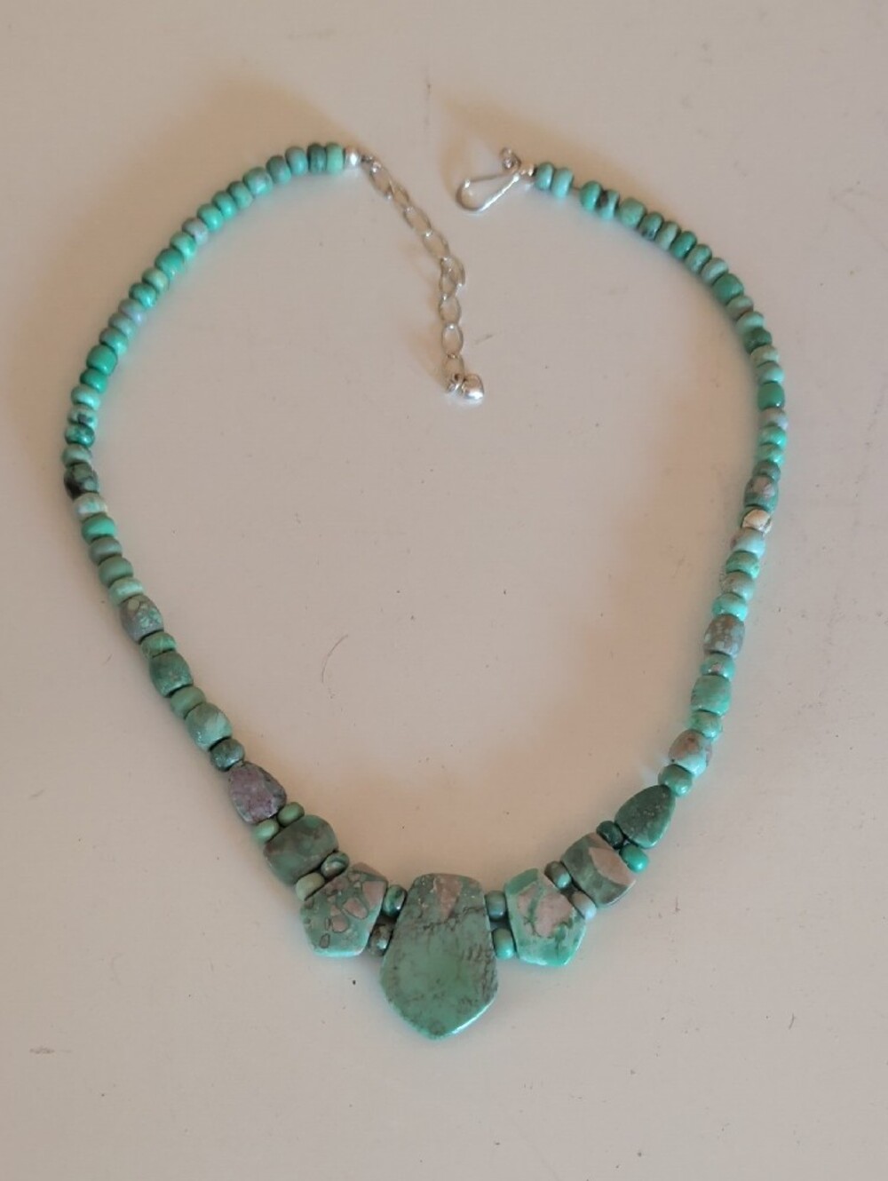 Turquoise Beaded Necklace - Green Gemstone Design. Clasp hook, Sterling Silver.
